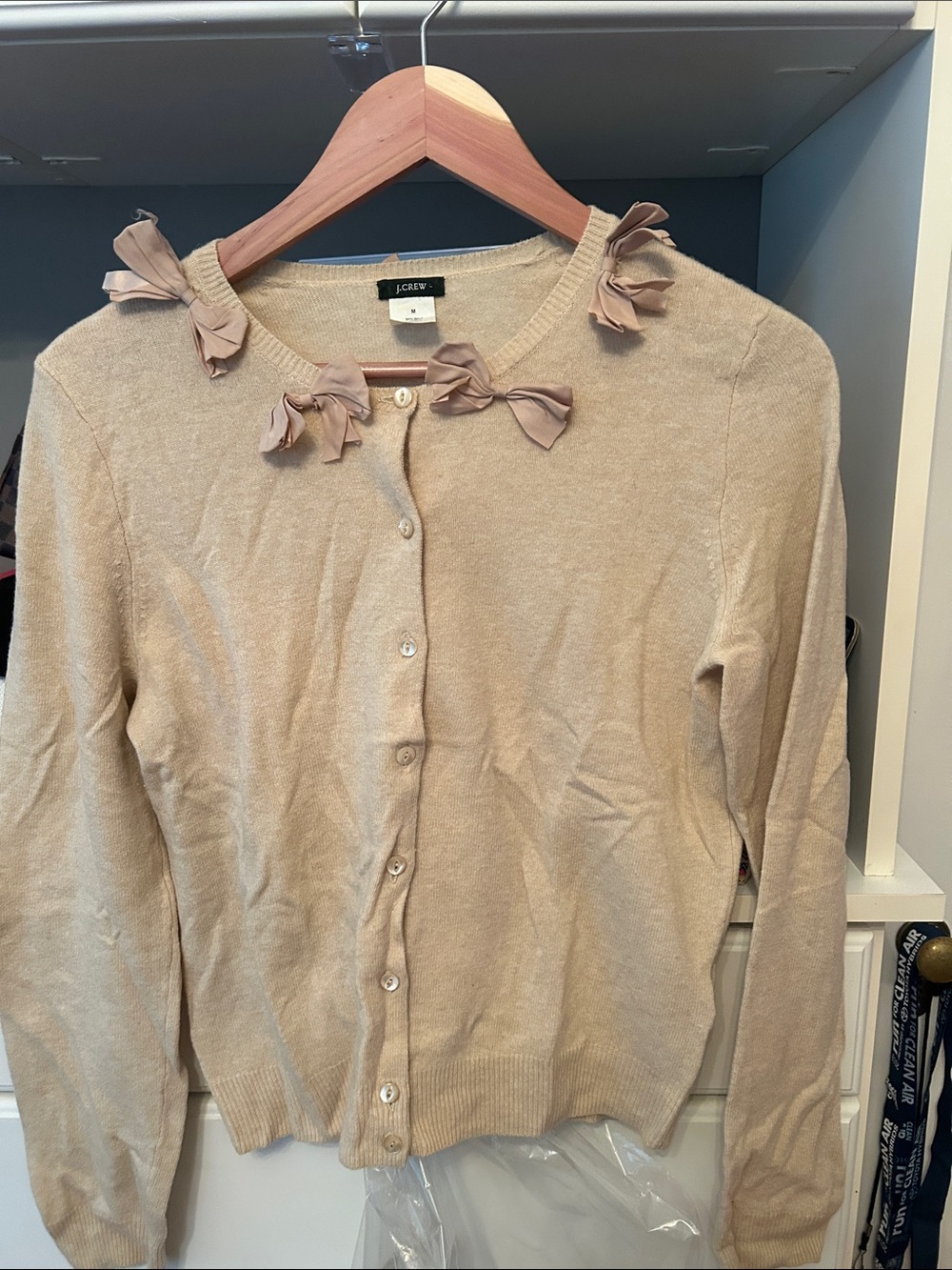 J. Crew Women's Beige Bow-Trim Button Cardigan Sweater